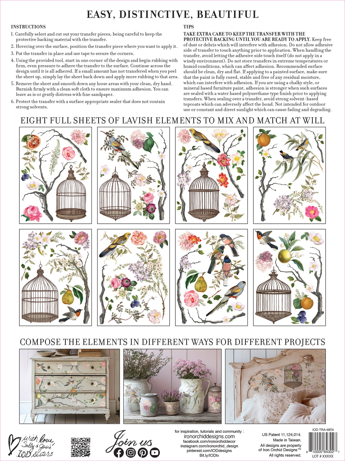 IOD Iron Orchid Designs Menagerie Transfer Decorative elements with birds, cages, and floral patterns package