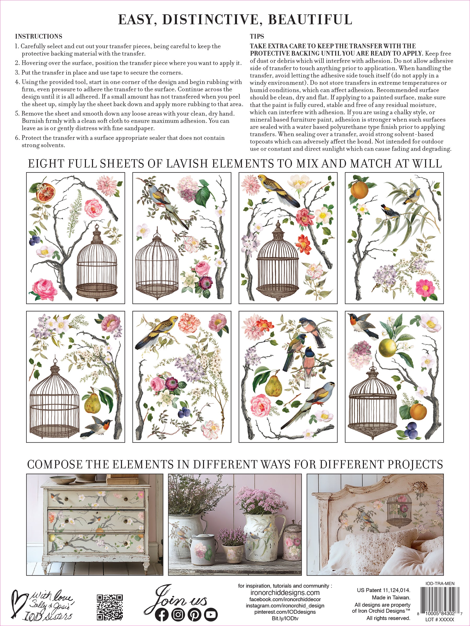 IOD Iron Orchid Designs Menagerie Transfer Decorative elements with birds, cages, and floral patterns package